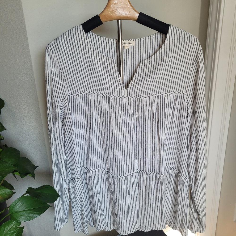 Cotton Bleu Large Striped Long Sleeve Boho Tiered Babydoll Tunic/Peplum Blouse